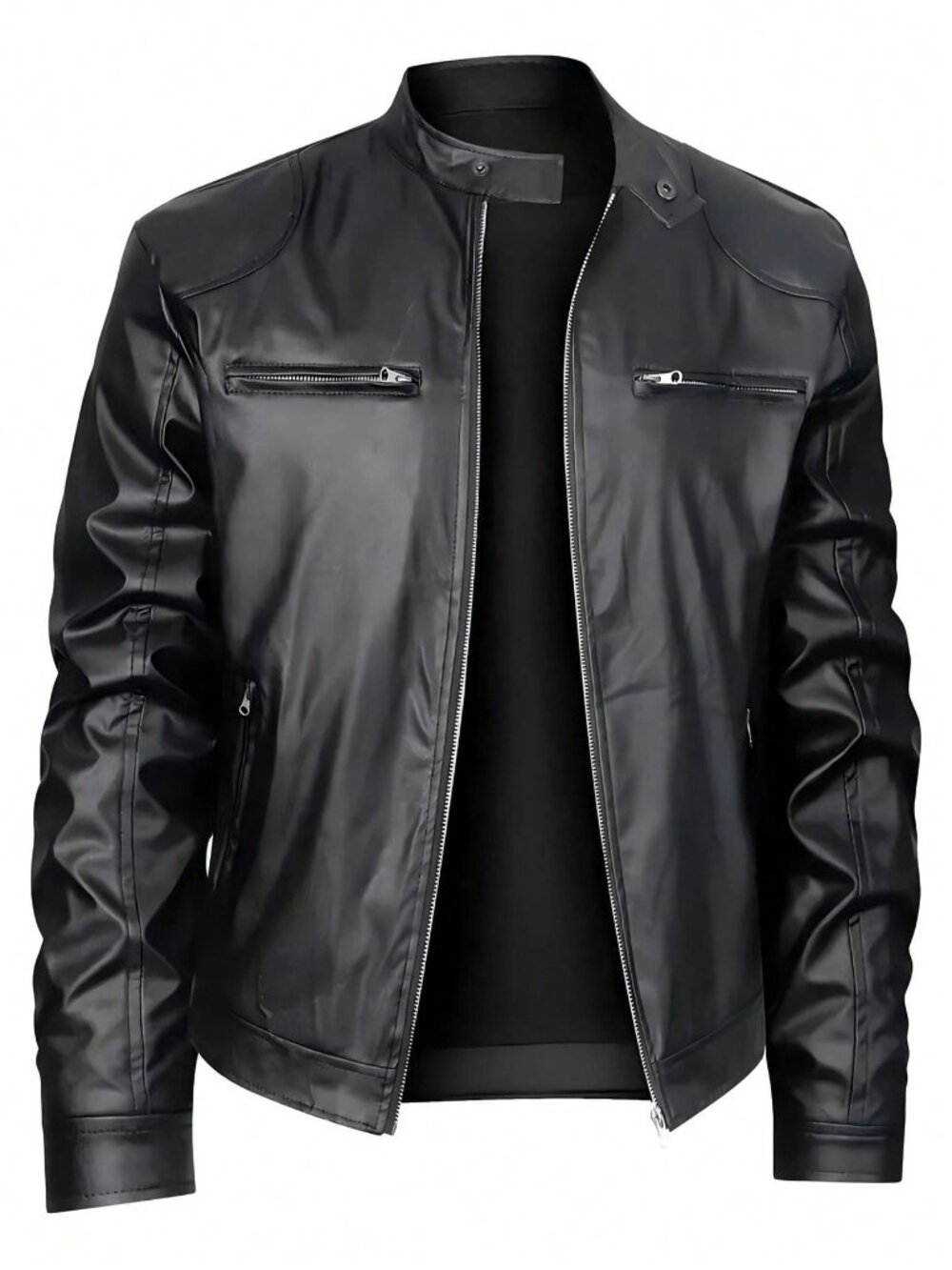 Black Casual Men's Regular Fit Stand Collar Zipper Pocket Bomber Jacket